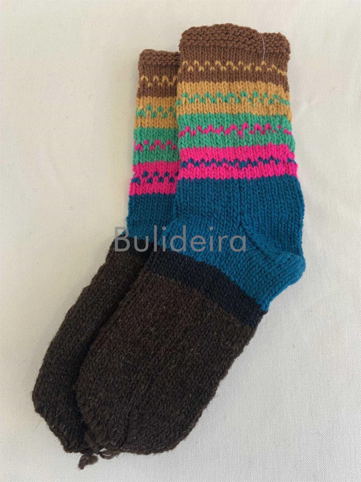 calcetín de lá feito a mán en cor marrón e azul petróleo - Imaxe 1