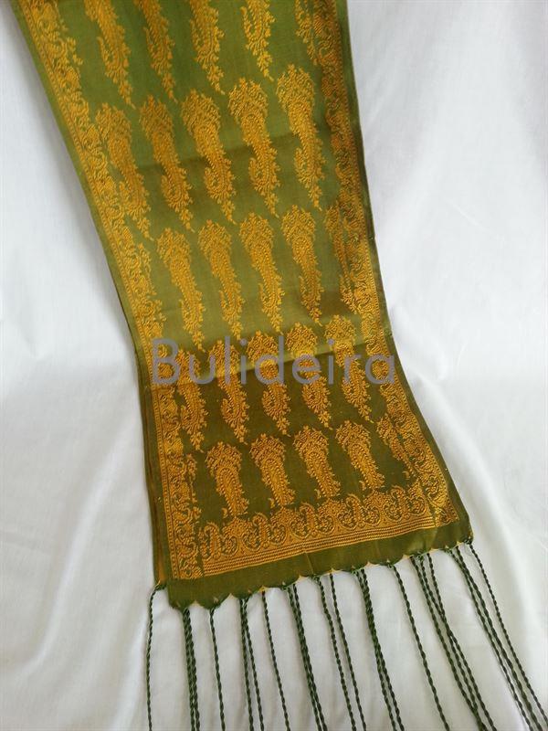 Faixa de seda estampada.Fondo verde e debuxo en dourado - Imaxe 1