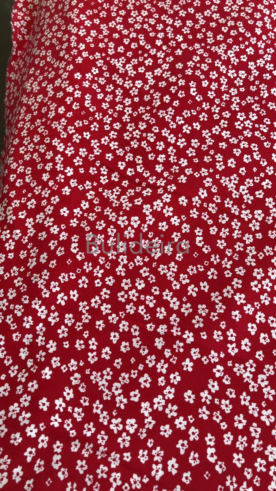 Tela de algodón floreada con fondo en vermello e flores blancas - Imaxe 1